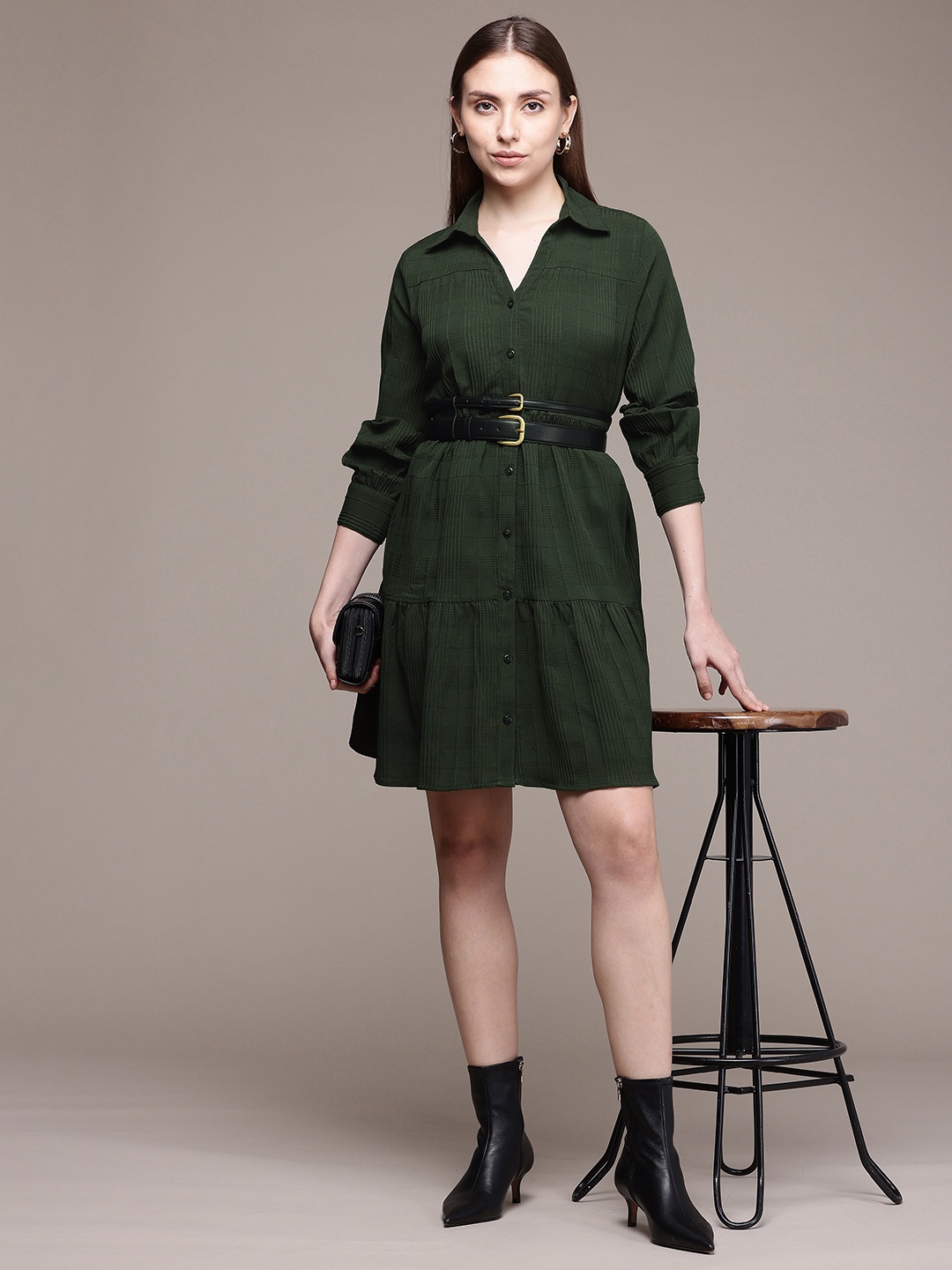 

French Connection Self Design Flounce Hem Shirt Style Dress, Olive