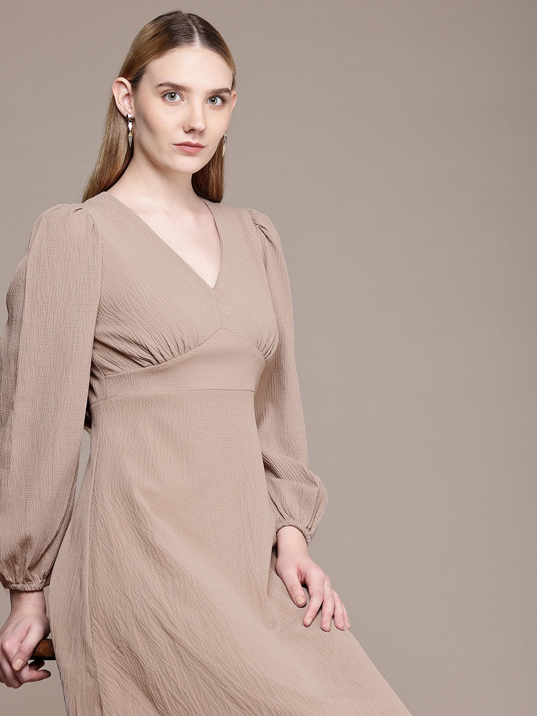 

French Connection Self Design V-Neck Puff Sleeves Gathered Crepe A-Line Dress, Beige