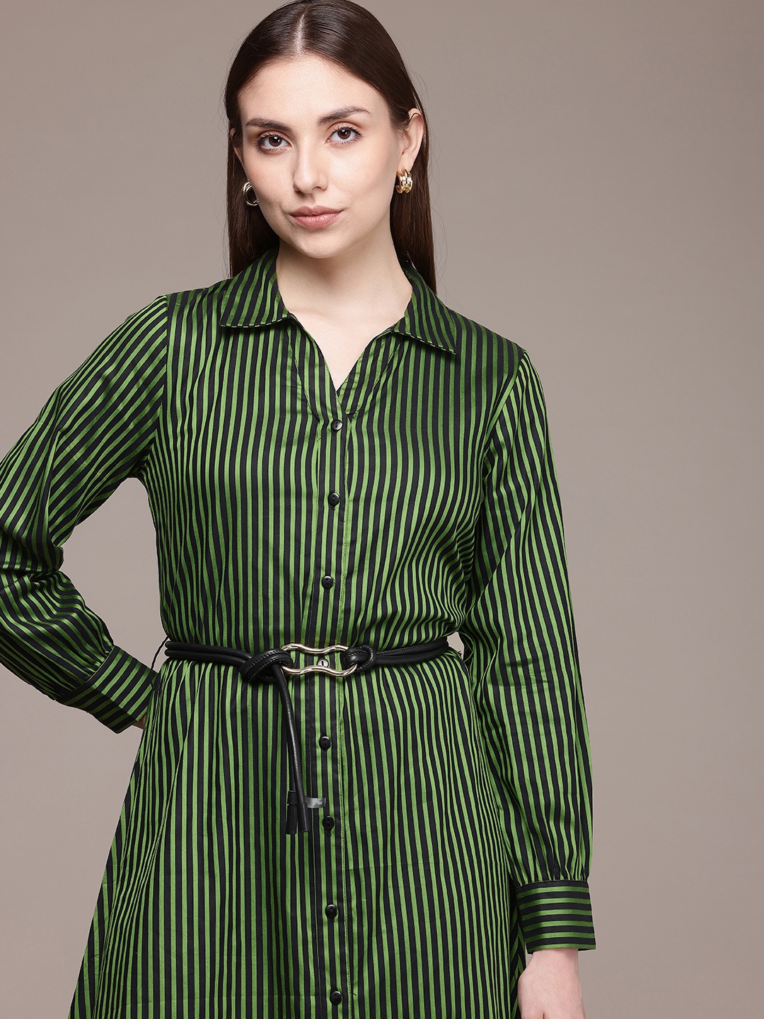 

French Connection Striped Shirt Midi Dress, Green
