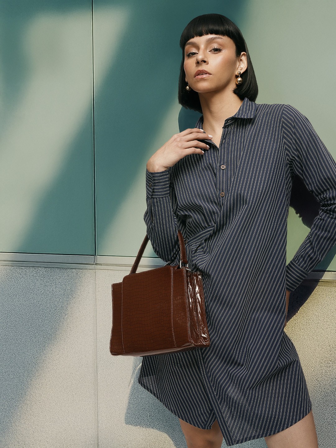 

French Connection Striped Cuffed Sleeves Pure Cotton Shirt Mini Dress, Navy blue