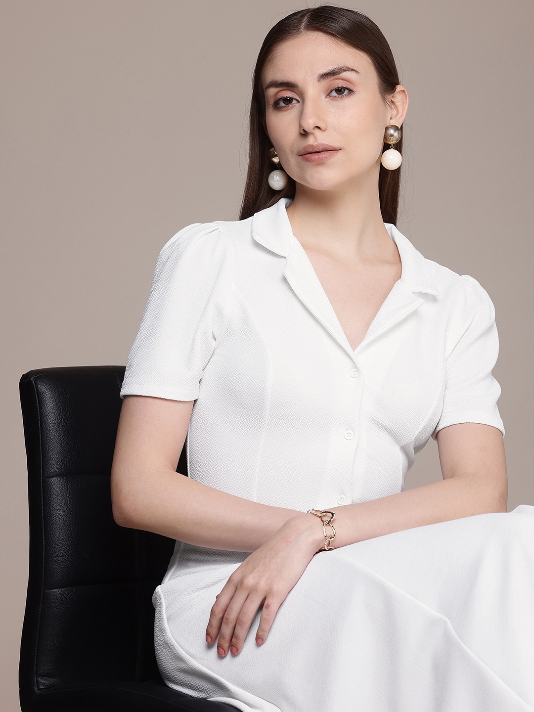 

French Connection Puff Sleeve Crepe Shirt Midi Dress, White