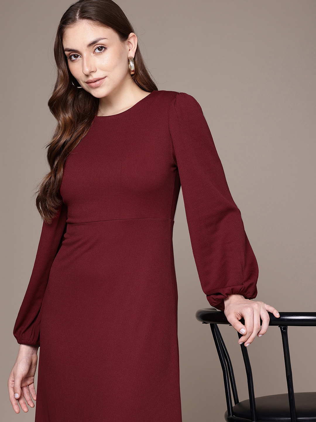

French Connection Puff Sleeves Ribbed A-Line Midi Dress, Maroon