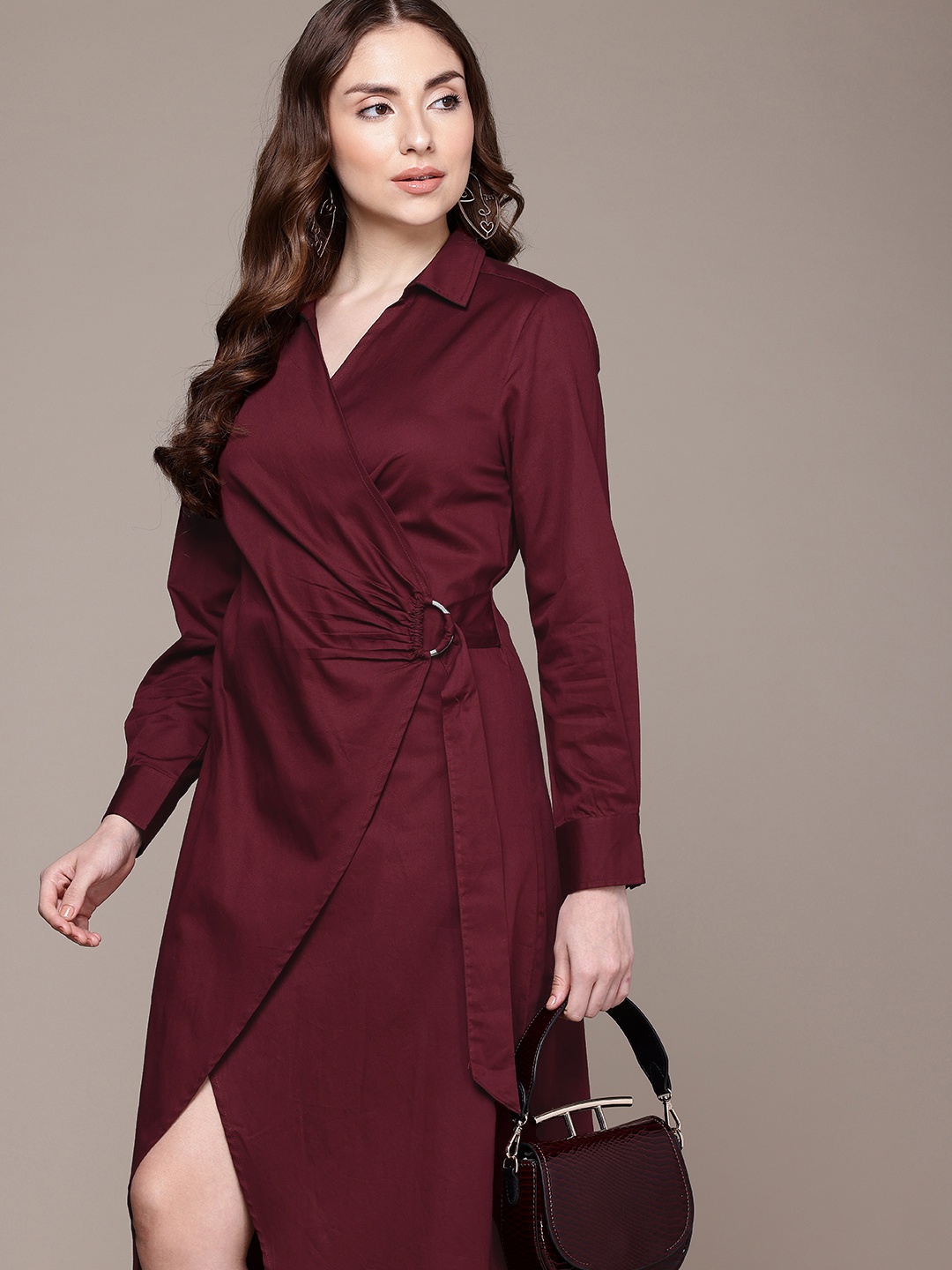 

French Connection Pure Cotton Shirt Collar Midi Wrap Dress, Maroon