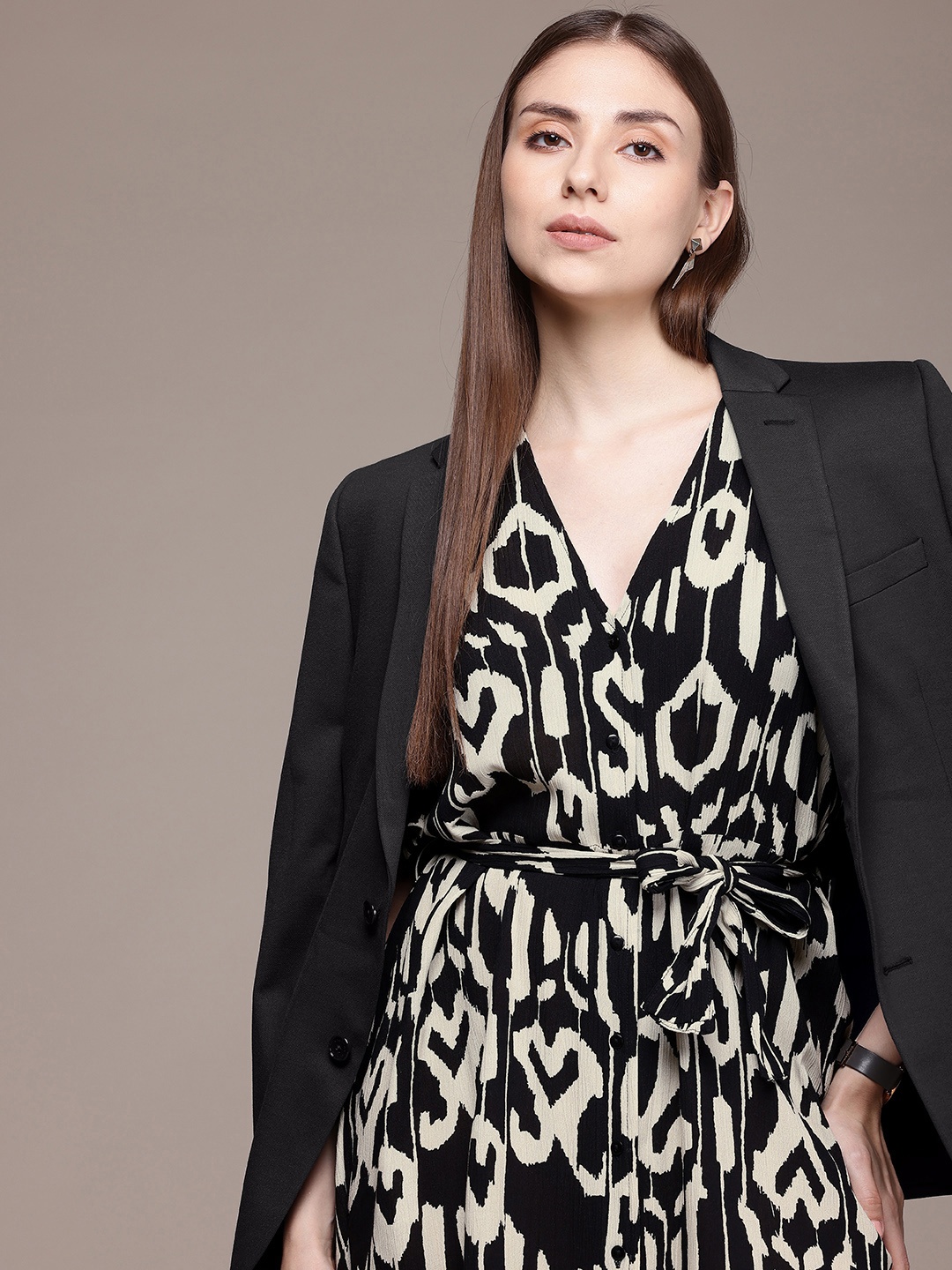 

French Connection Printed Flared Sleeve Shirt Dress, Black