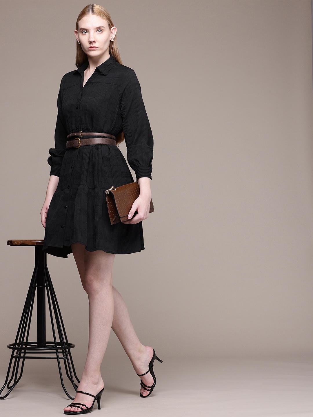 

French Connection Self Design Flounce Hem Shirt Style Dress, Black