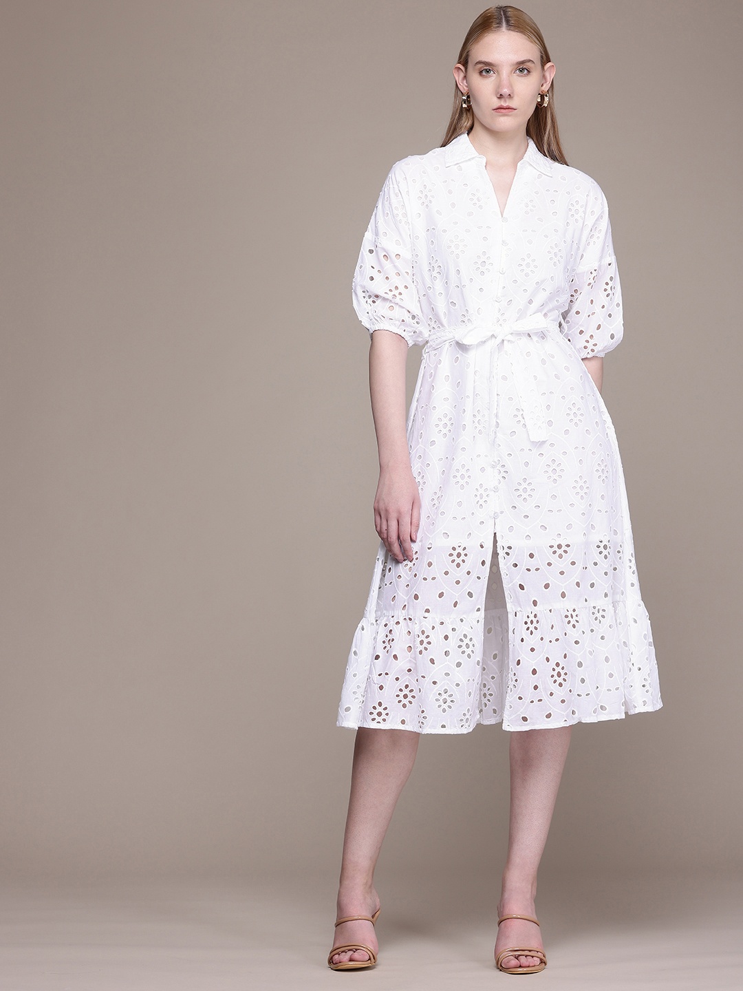 

French Connection Pure Cotton Schiffli Shirt Midi Dress, White