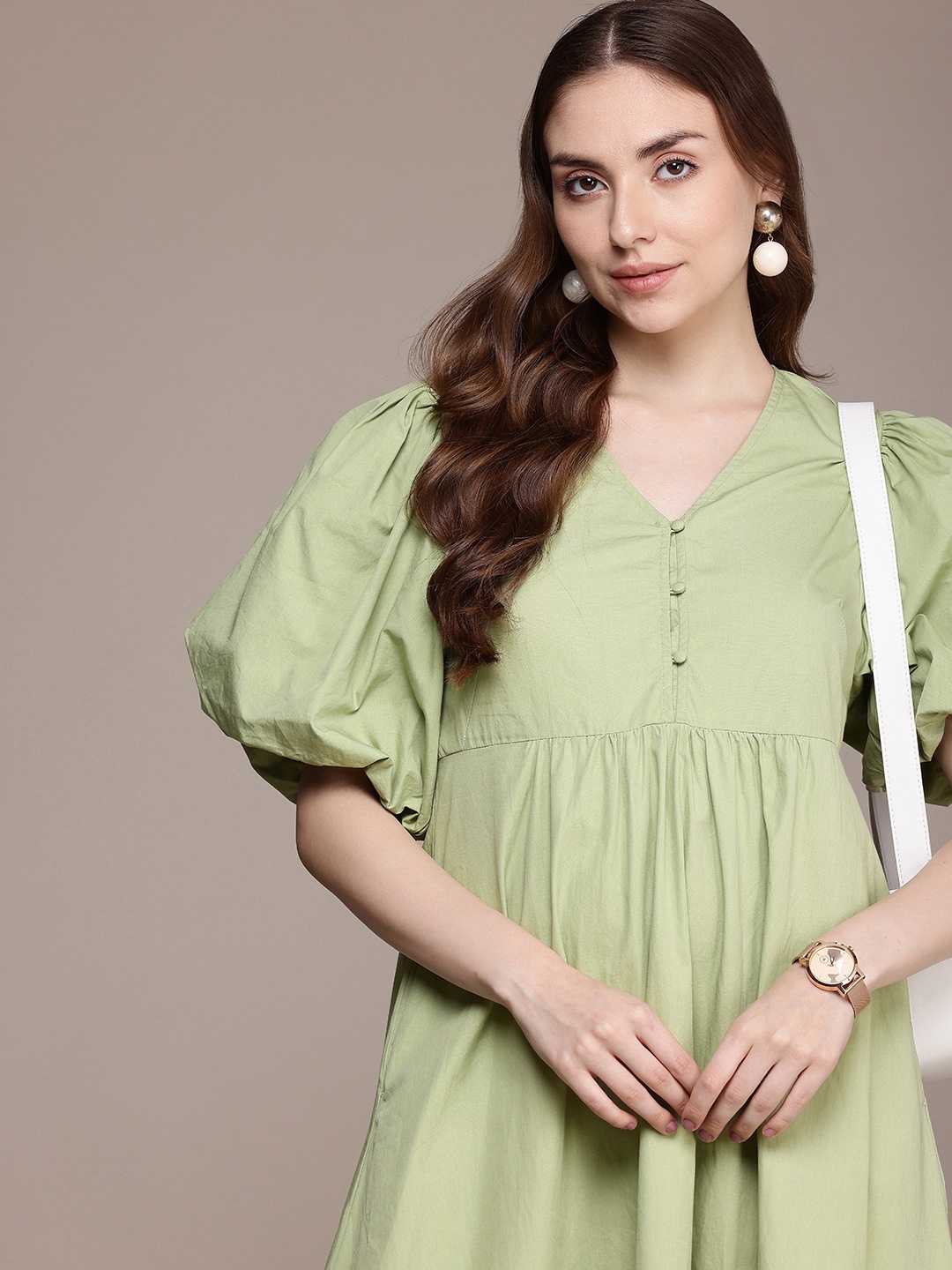 

French Connection Pure Cotton Puff Sleeve A-Line Midi Dress, Green