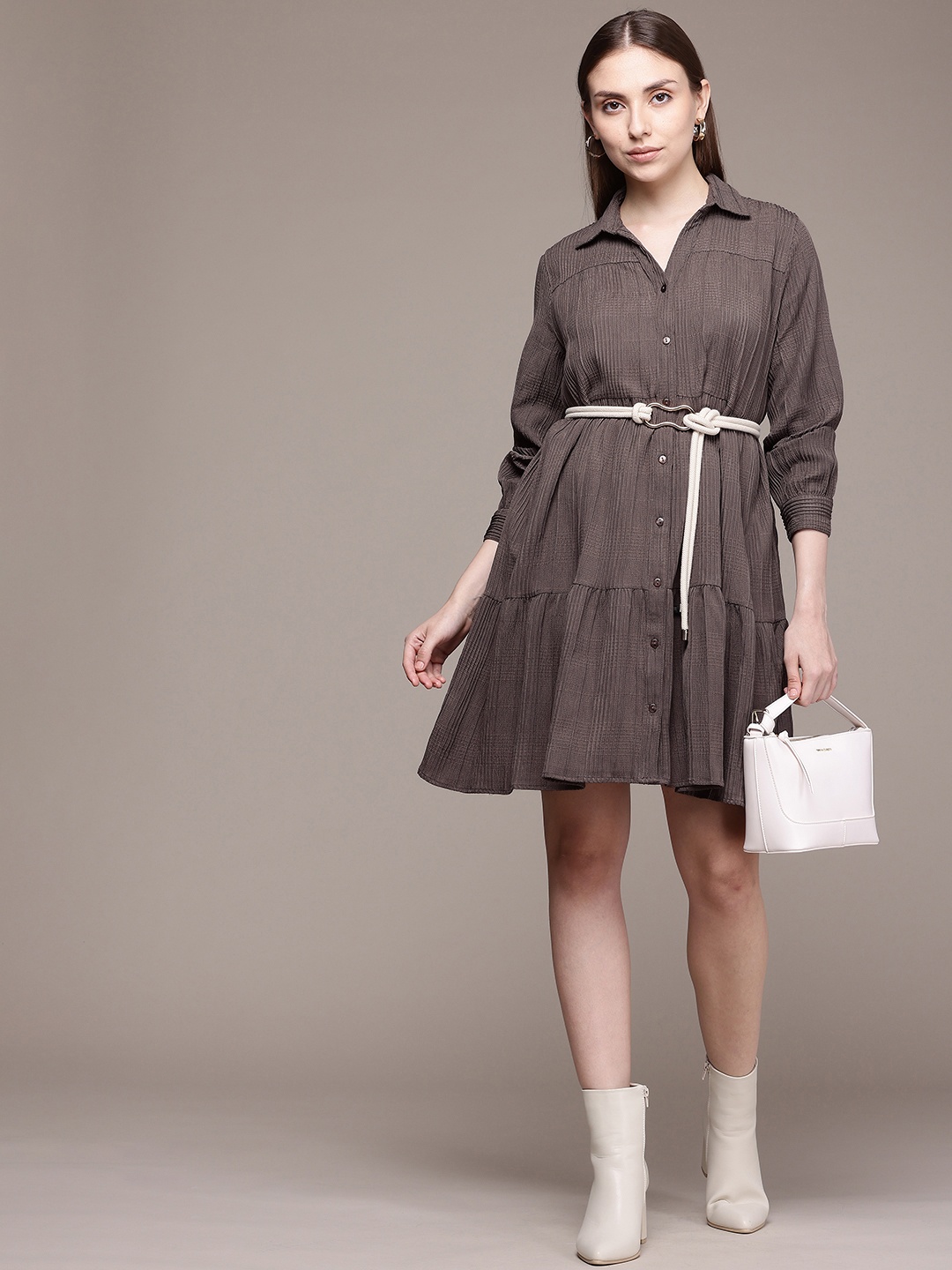 

French Connection Self Design Flounce Hem Shirt Style Dress, Taupe