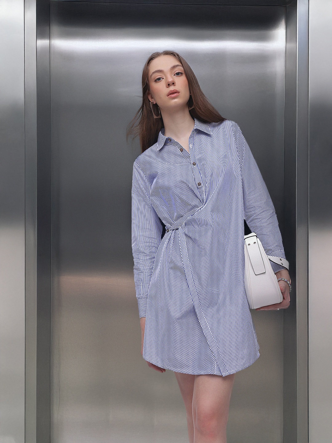 

French Connection Striped Cuffed Sleeves Shirt Mini Dress, Blue