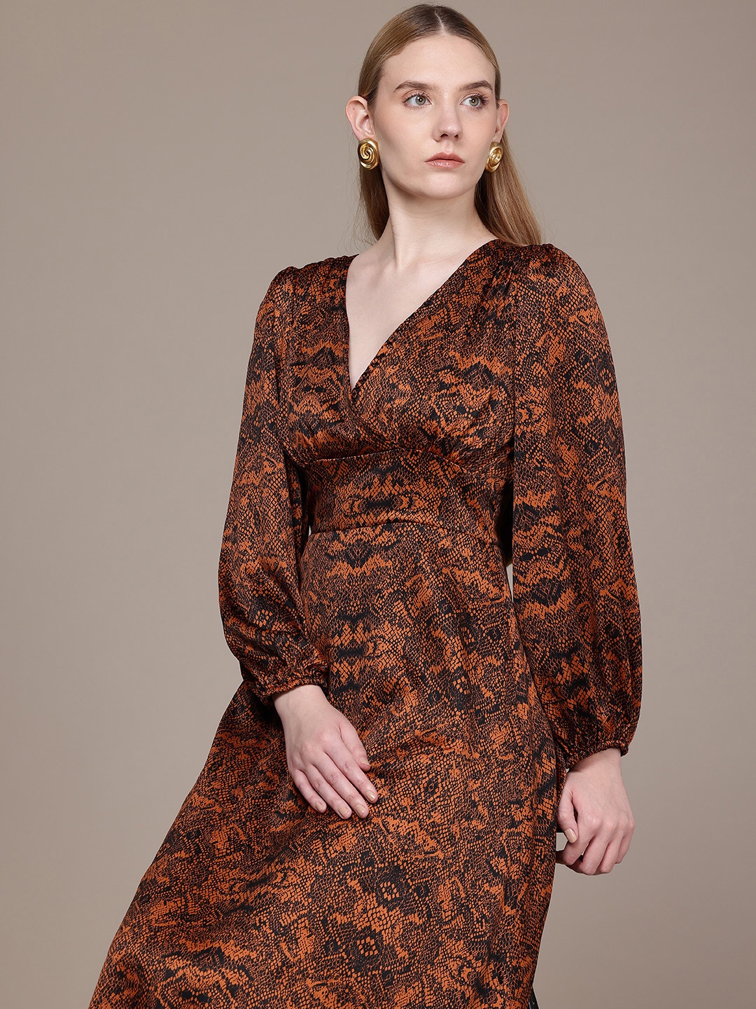 

French Connection Print Puff Sleeve Fit & Flare Midi Dress, Brown