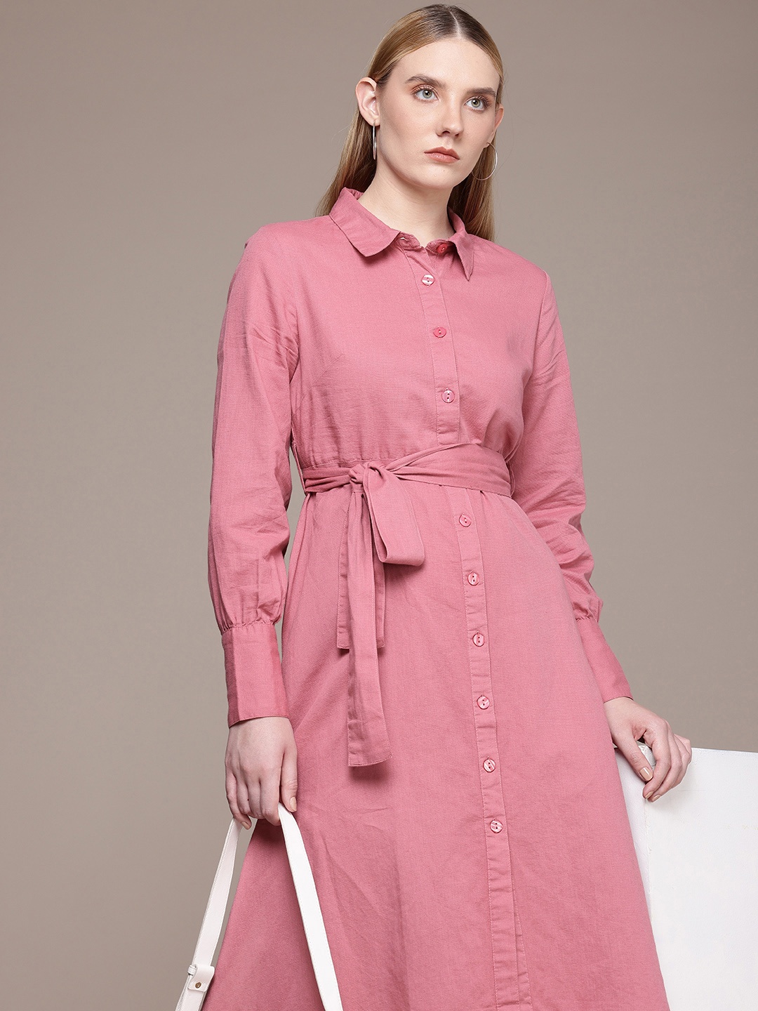 

French Connection Cotton Linen Shirt Style Midi Dress, Pink