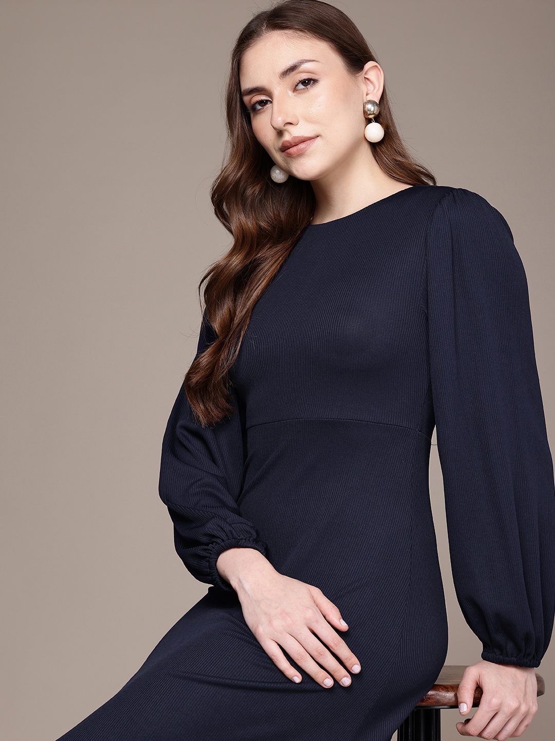 

French Connection Puff Sleeves Ribbed A-Line Midi Dress, Navy blue