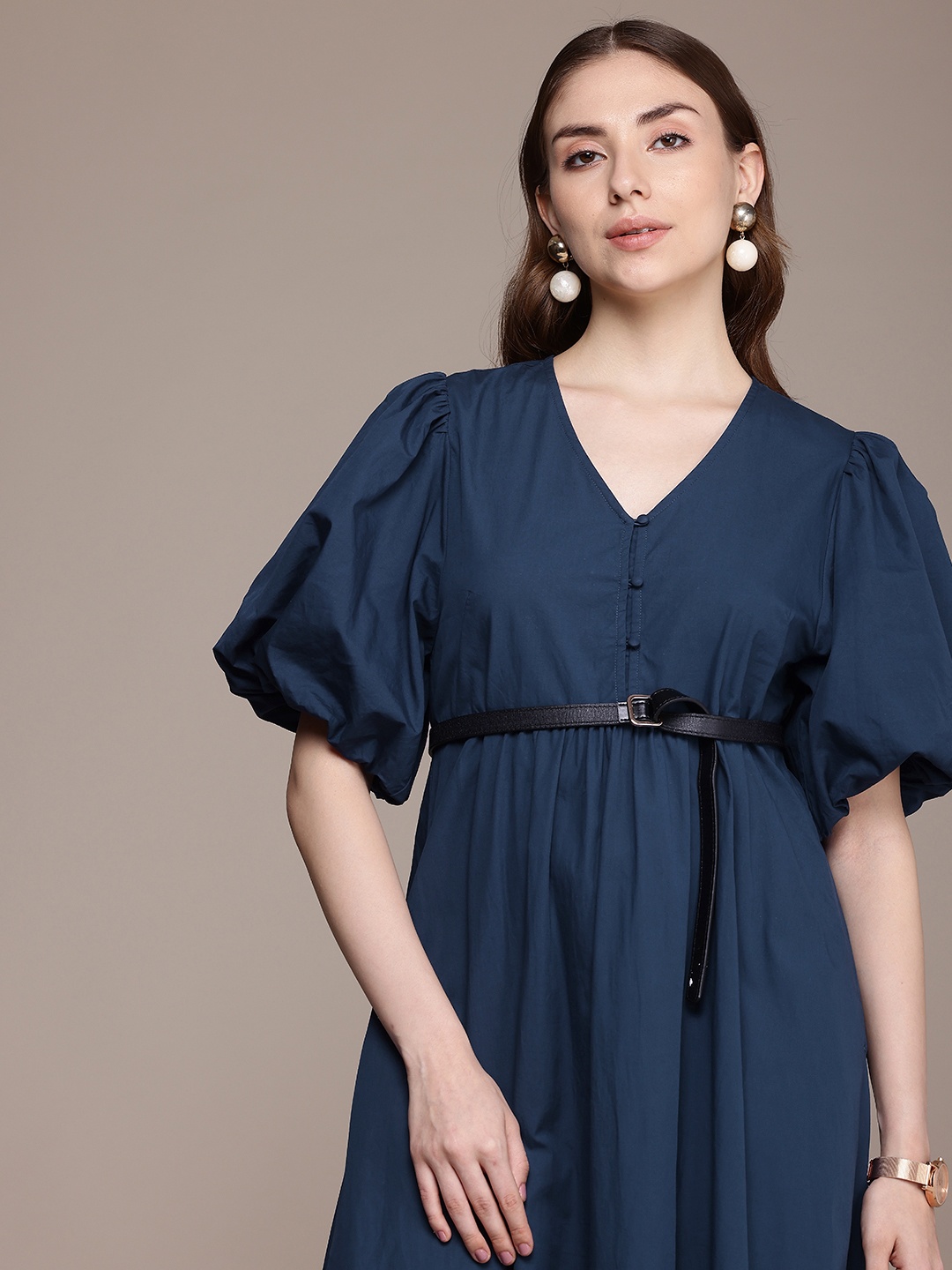 

French Connection Pure Cotton Puff Sleeve A-Line Midi Dress, Navy blue