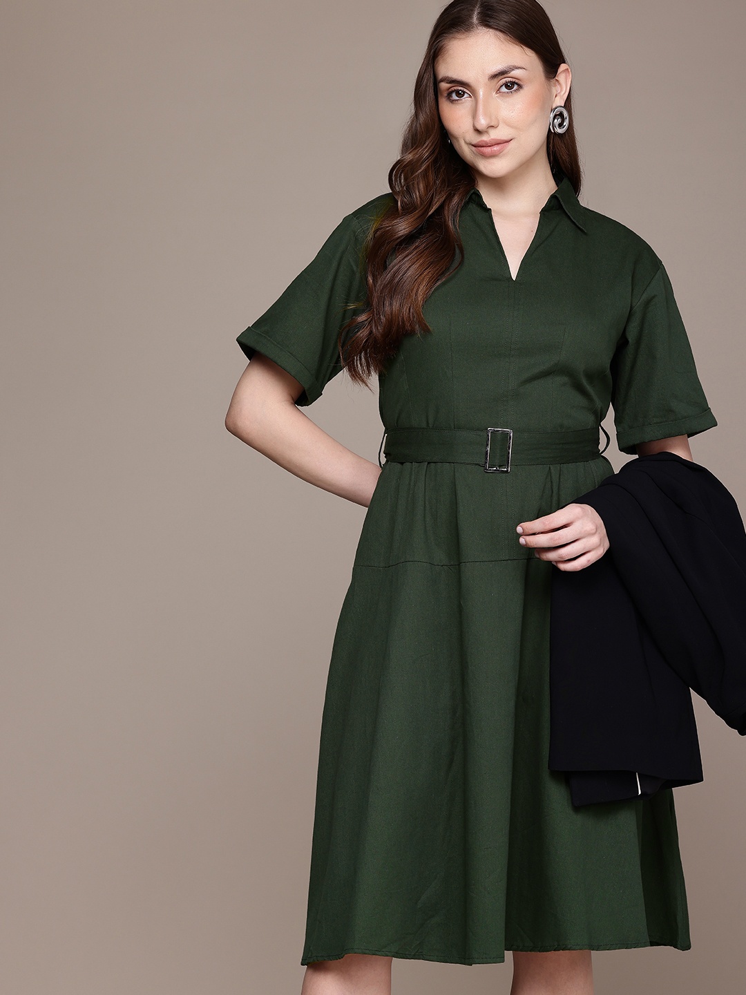

French Connection Shirt Collar Pure Cotton A-Line Dress, Green