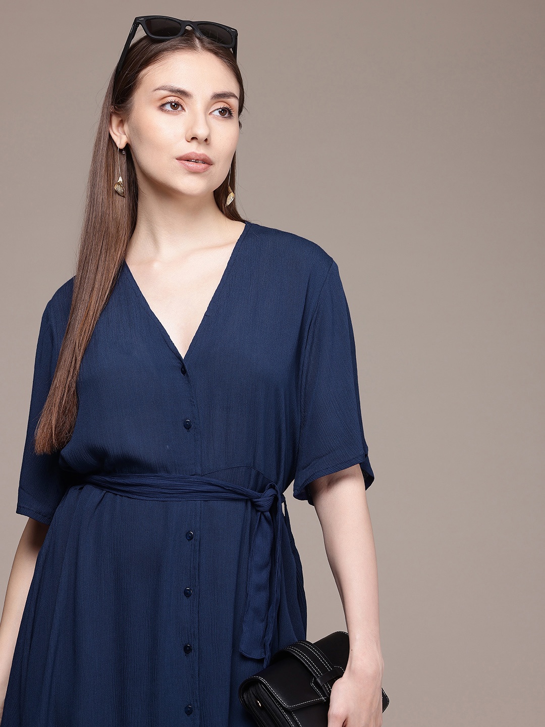 

French Connection Shirt Style Mini Dress Comes With A Fabric Belt, Navy blue
