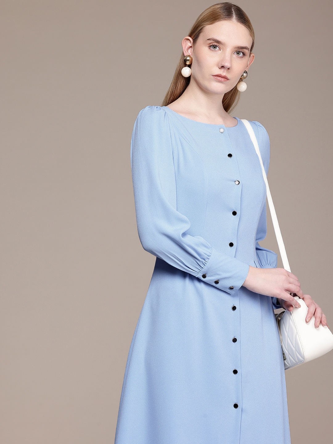 

French Connection Cuffed Sleeve Shirt Style Midi Dress, Blue