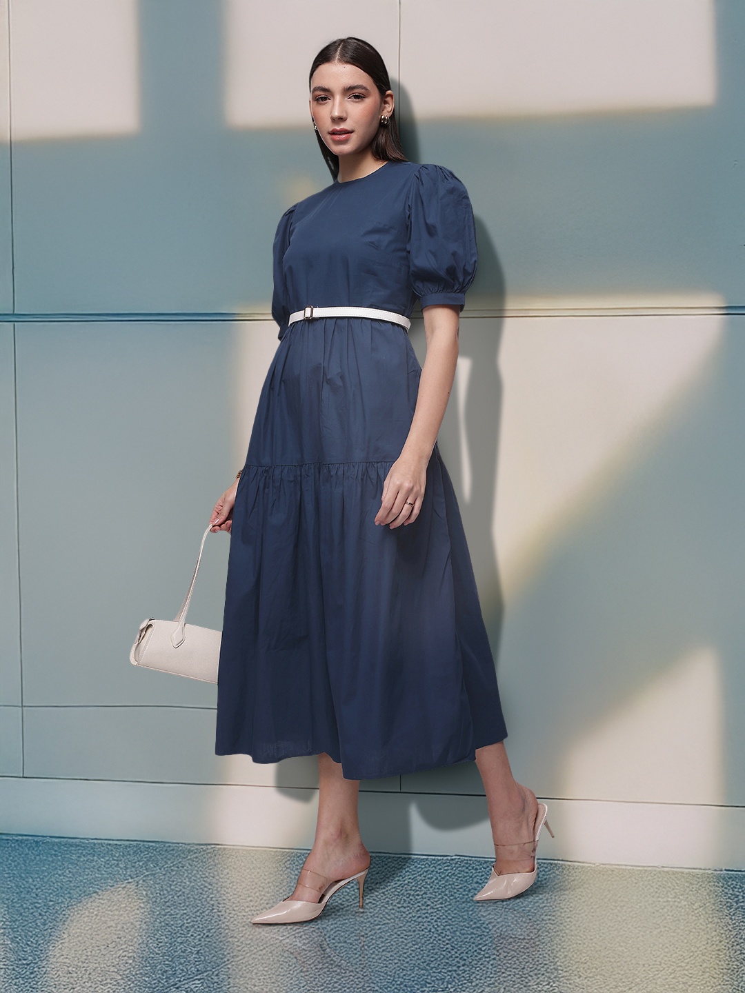 

French Connection Pure Cotton Puff Sleeve Tiered A-Line Midi Dress, Navy blue