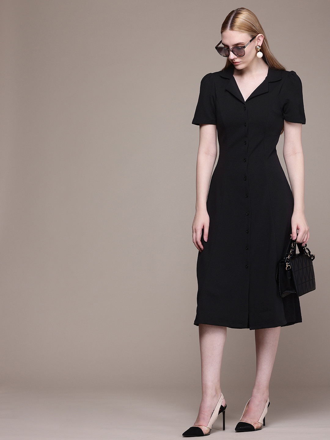 

French Connection Shirt Style Midi Dress, Black