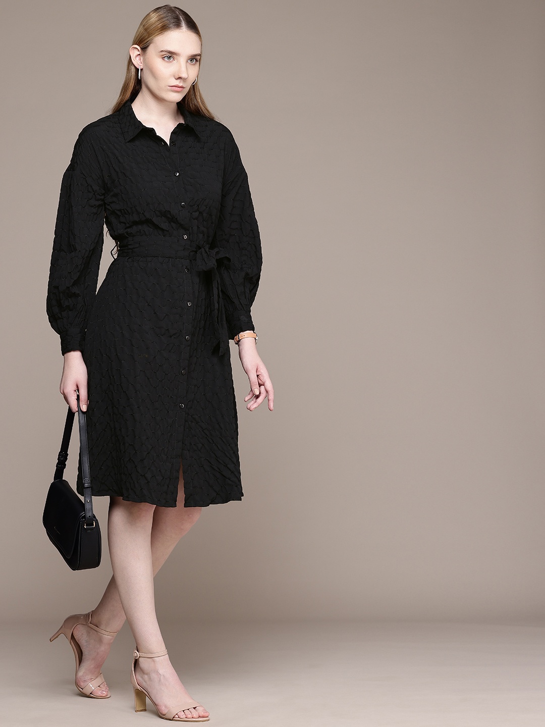 

French Connection Self Design Cuffed Sleeves Shirt Dress, Black