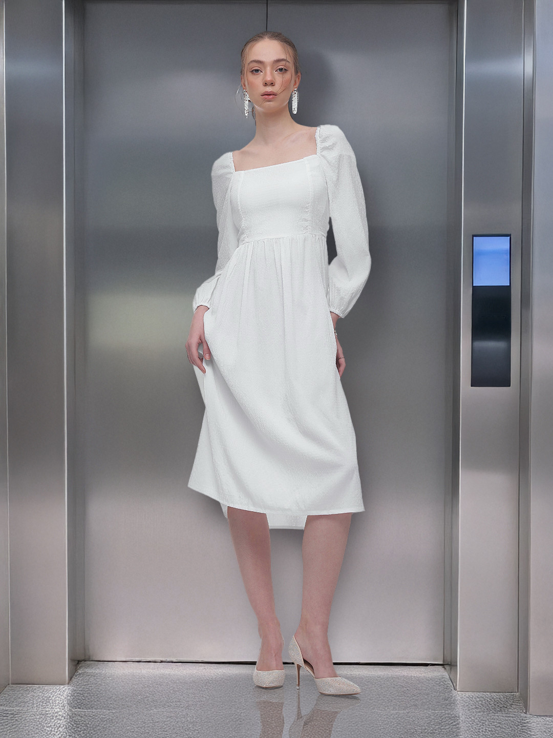 

French Connection Square Neck Puff Sleeves Gathered or Pleated Smocked A-Line Midi Dress, White