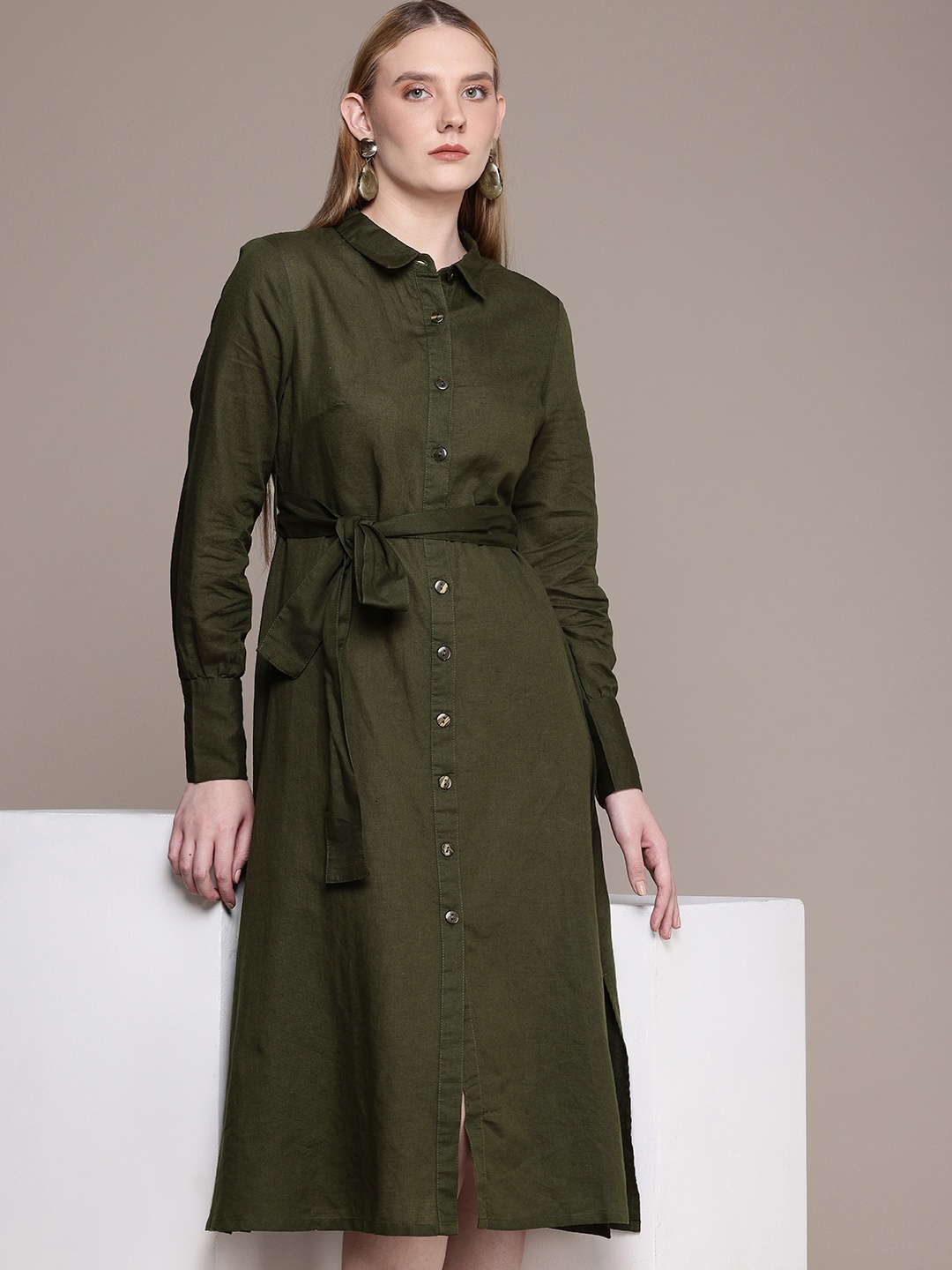 

French Connection Cotton Linen Shirt Style Midi Dress, Olive