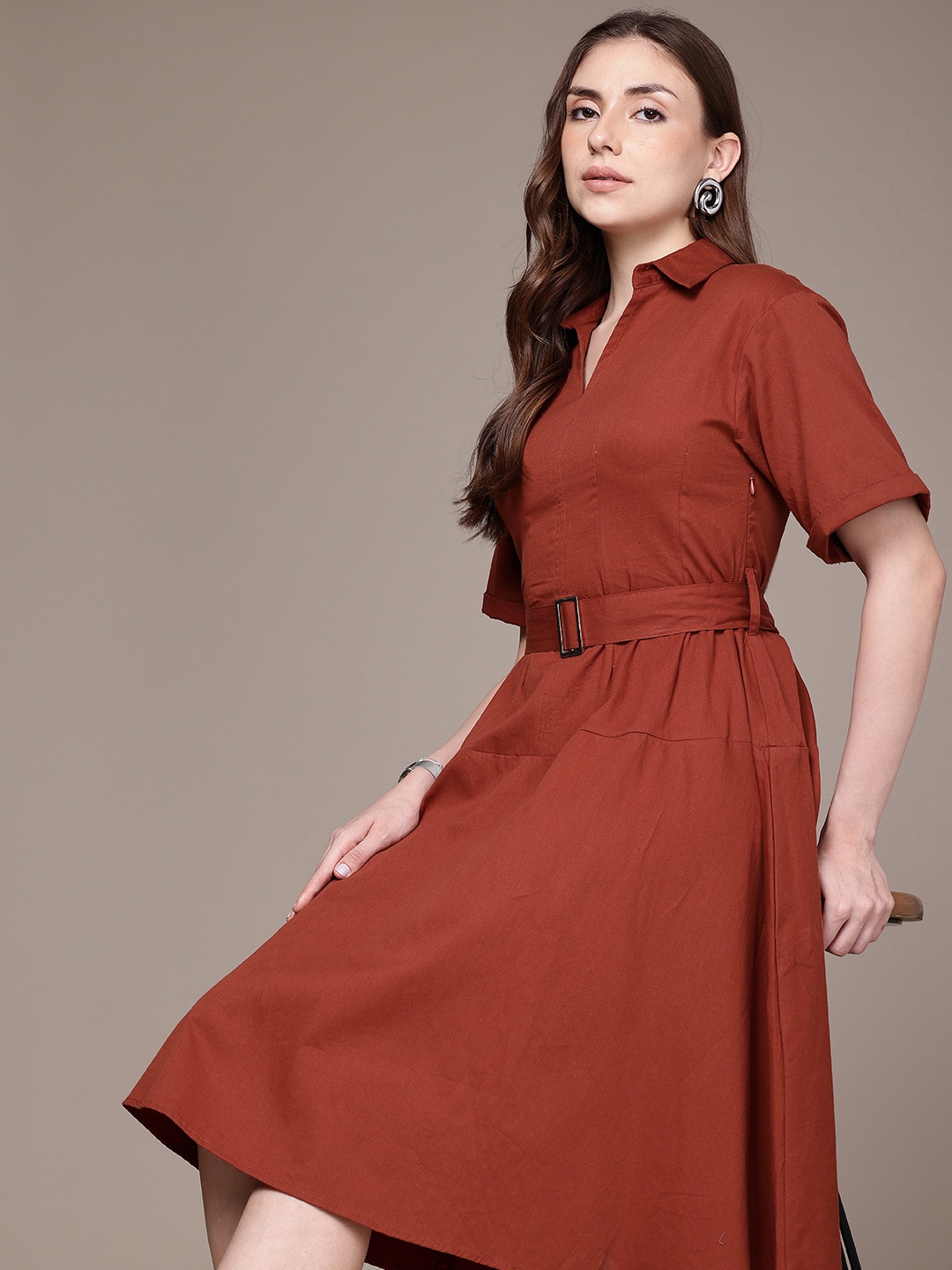 

French Connection Shirt Collar Pure Cotton A-Line Dress, Rust