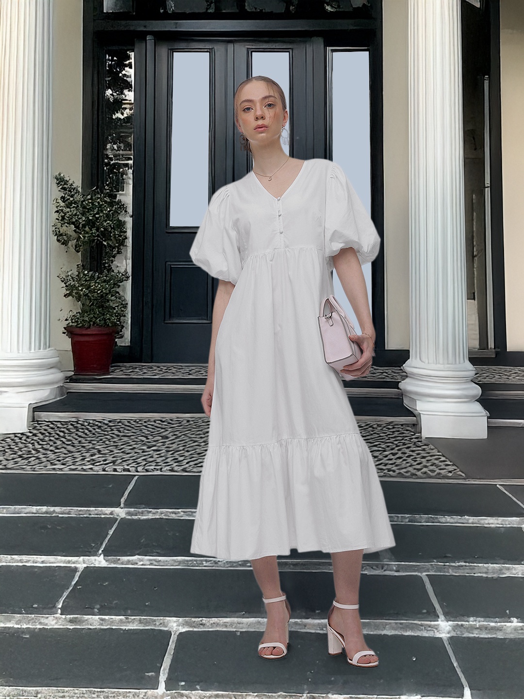 

French Connection Pure Cotton Puff Sleeve A-Line Midi Dress, White