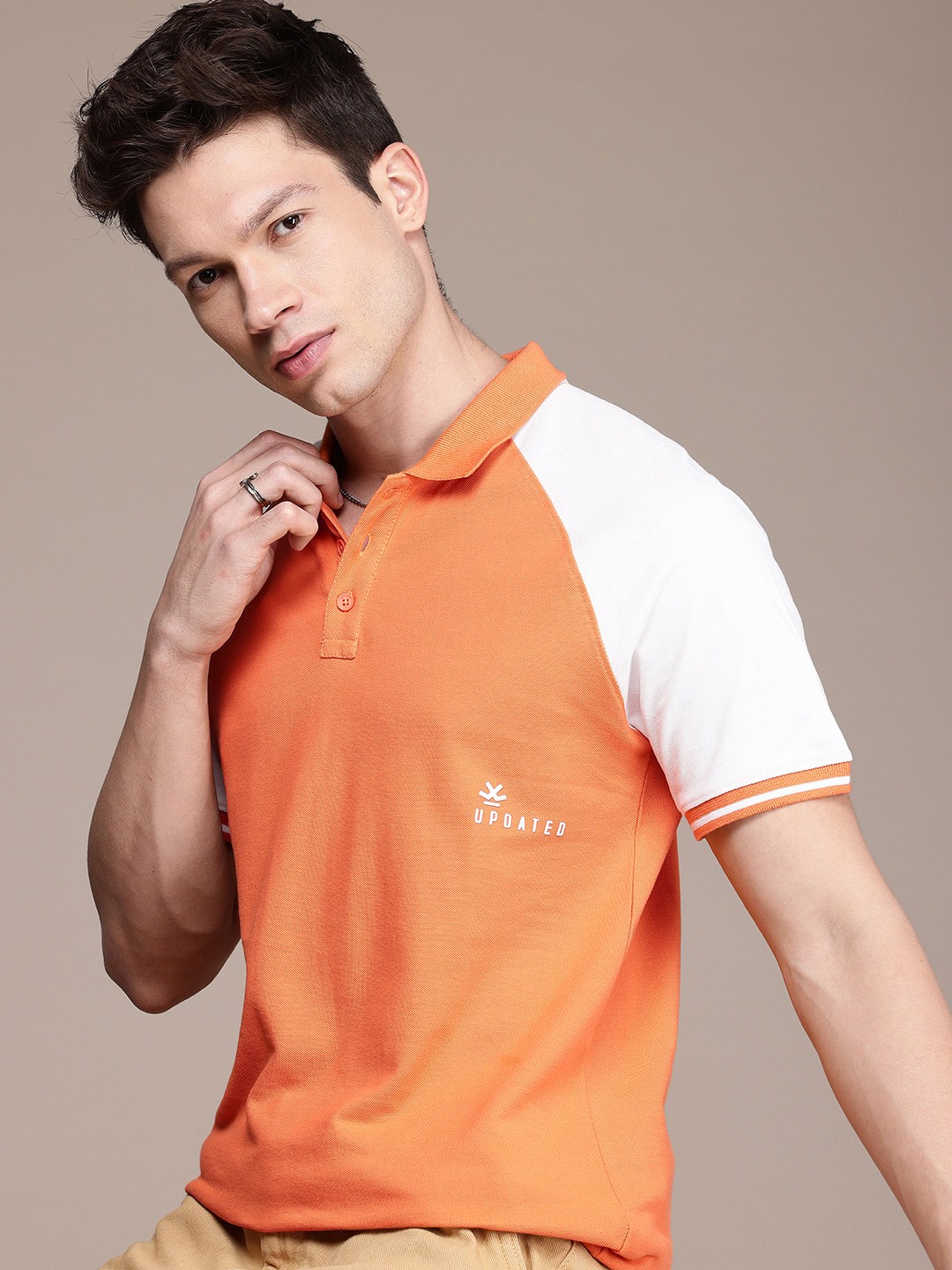 

WROGN Colourblocked Polo Collar Pure Cotton T-shirt, Orange