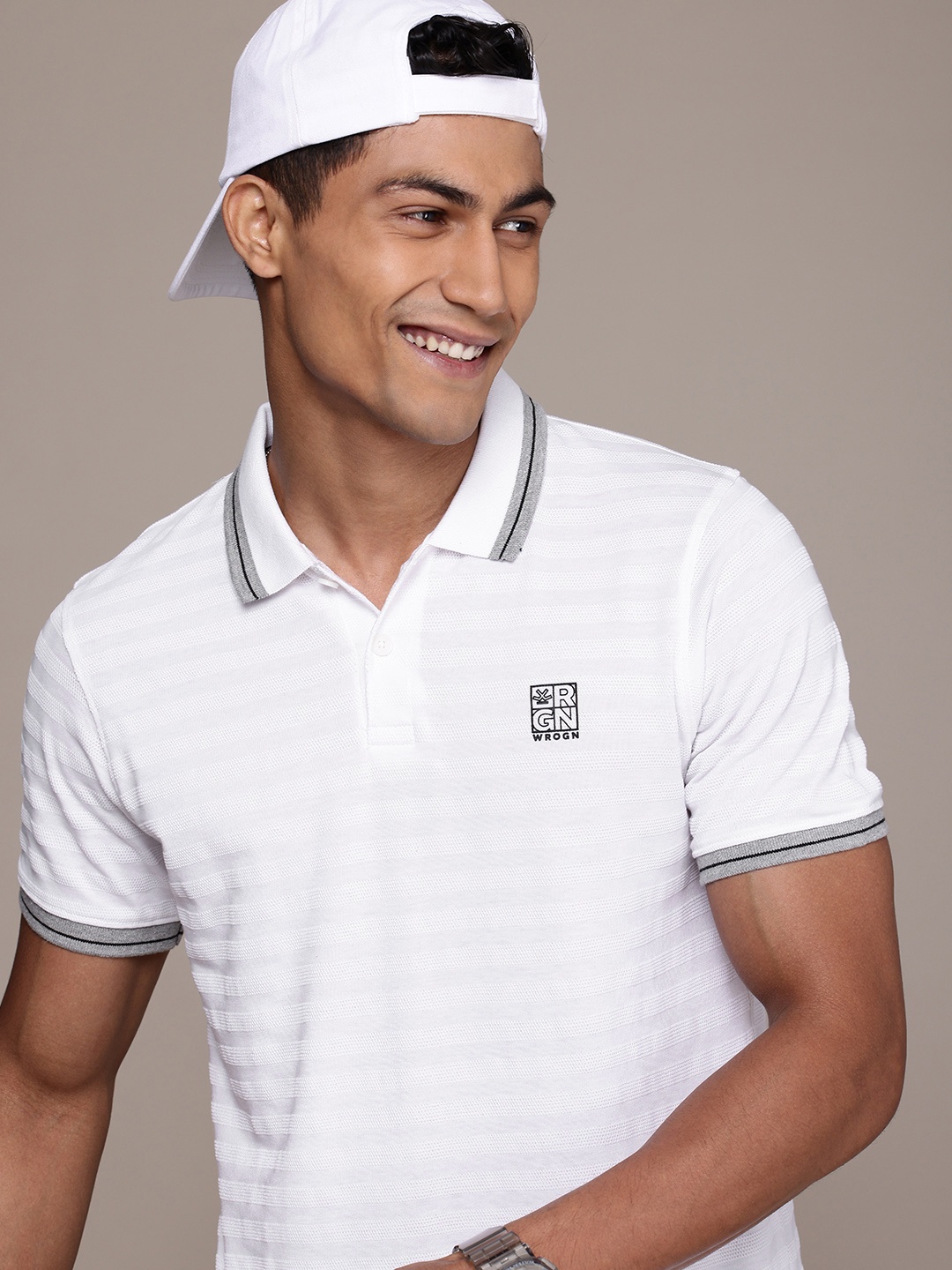 

WROGN Self Striped Polo Collar T-shirt, White