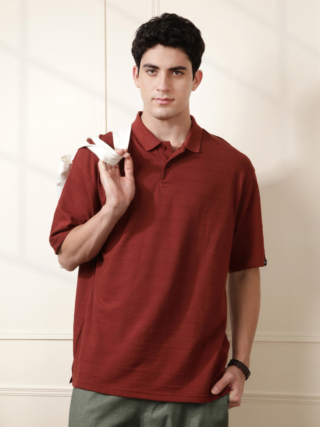

WROGN Oversized Fit Striped Self Design Polo Collar T-shirt, Brown