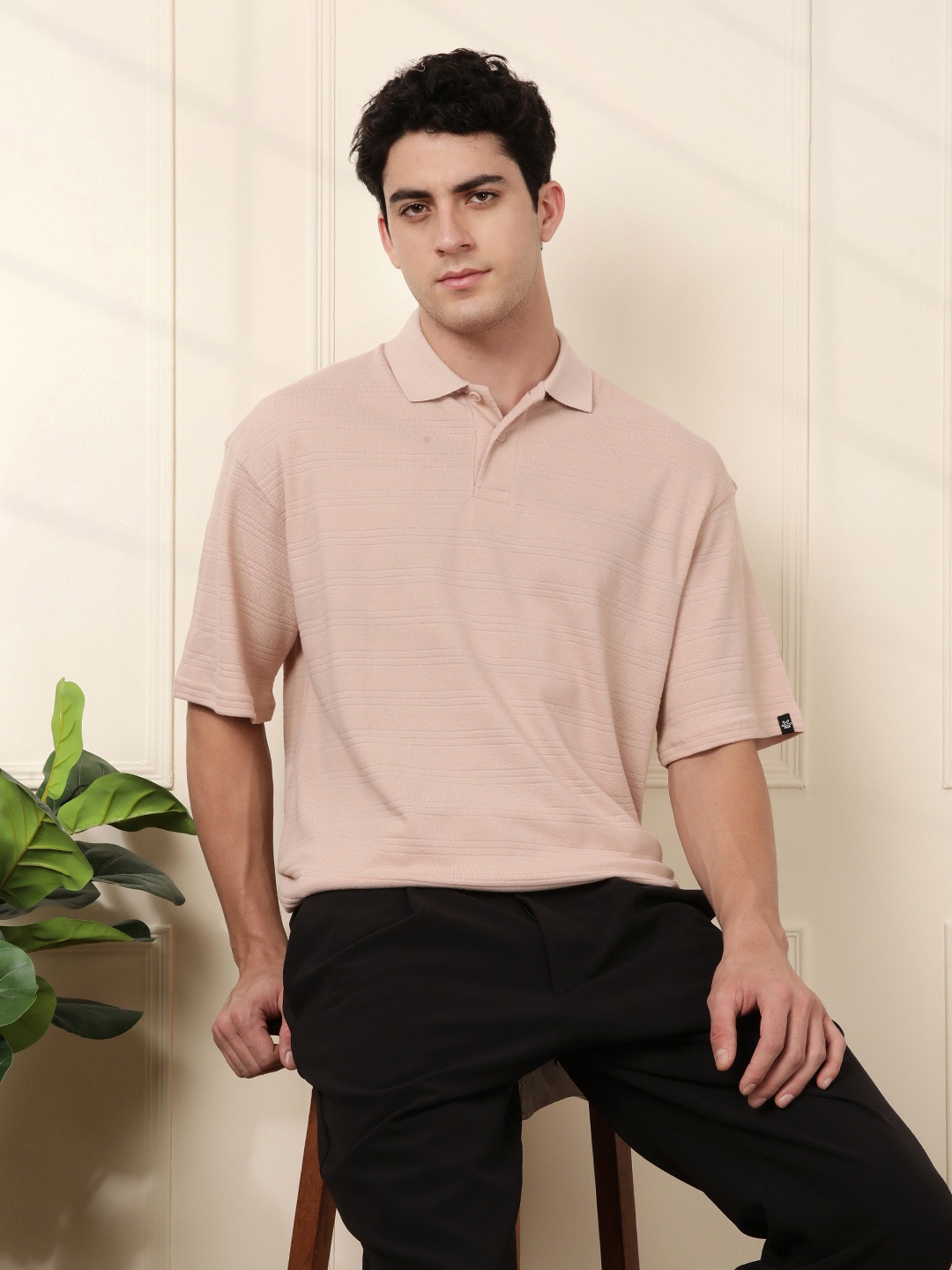WROGN Oversized Fit Striped Self Design Polo Collar T-shirt, Tan