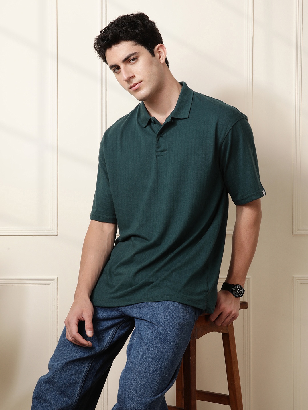 

WROGN Self Striped Polo Collar Drop-Shoulder Sleeves Oversized T-shirt, Green