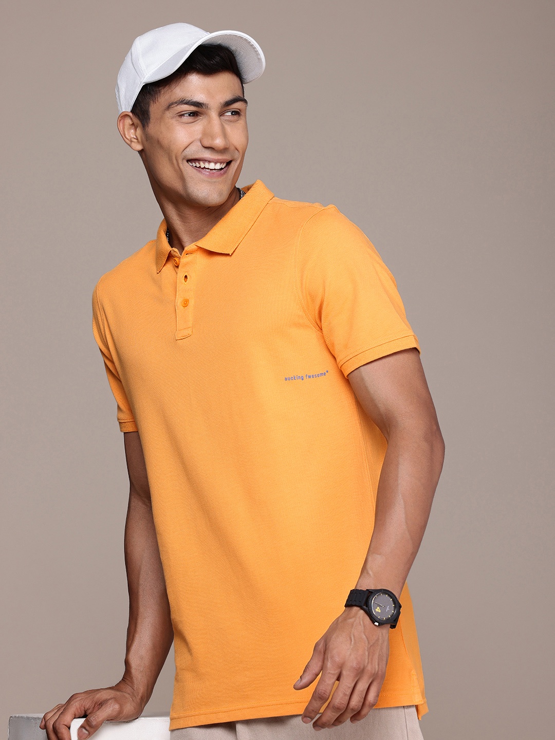 

WROGN Men Polo Collar Pure Cotton T-shirt, Orange