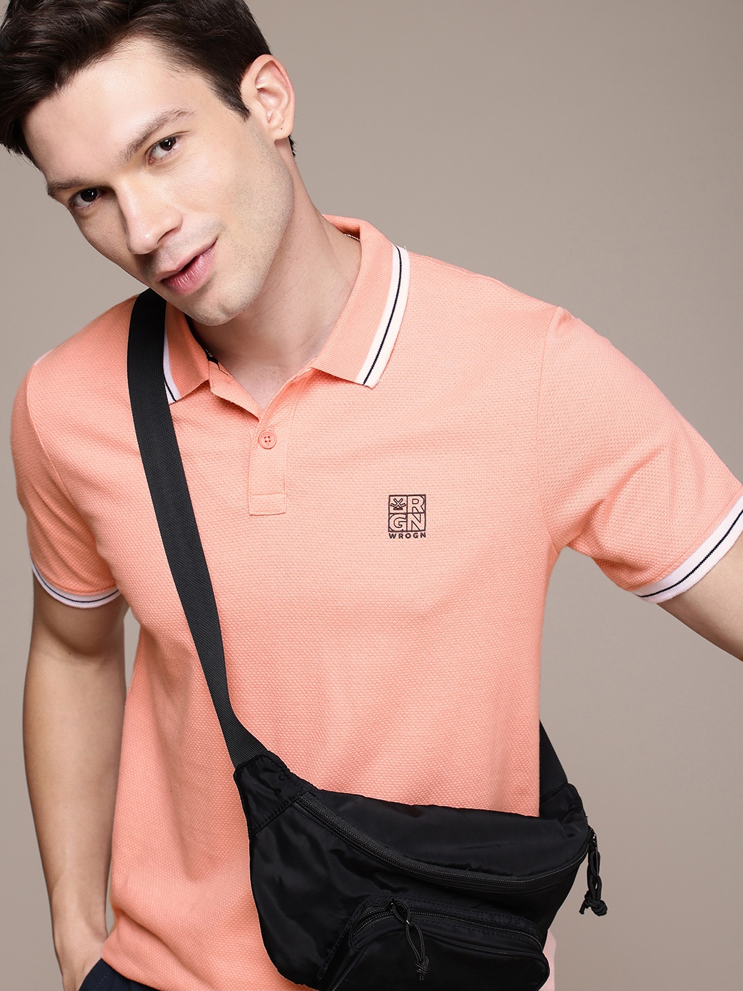 

WROGN Self Design Polo Collar T-shirt, Peach