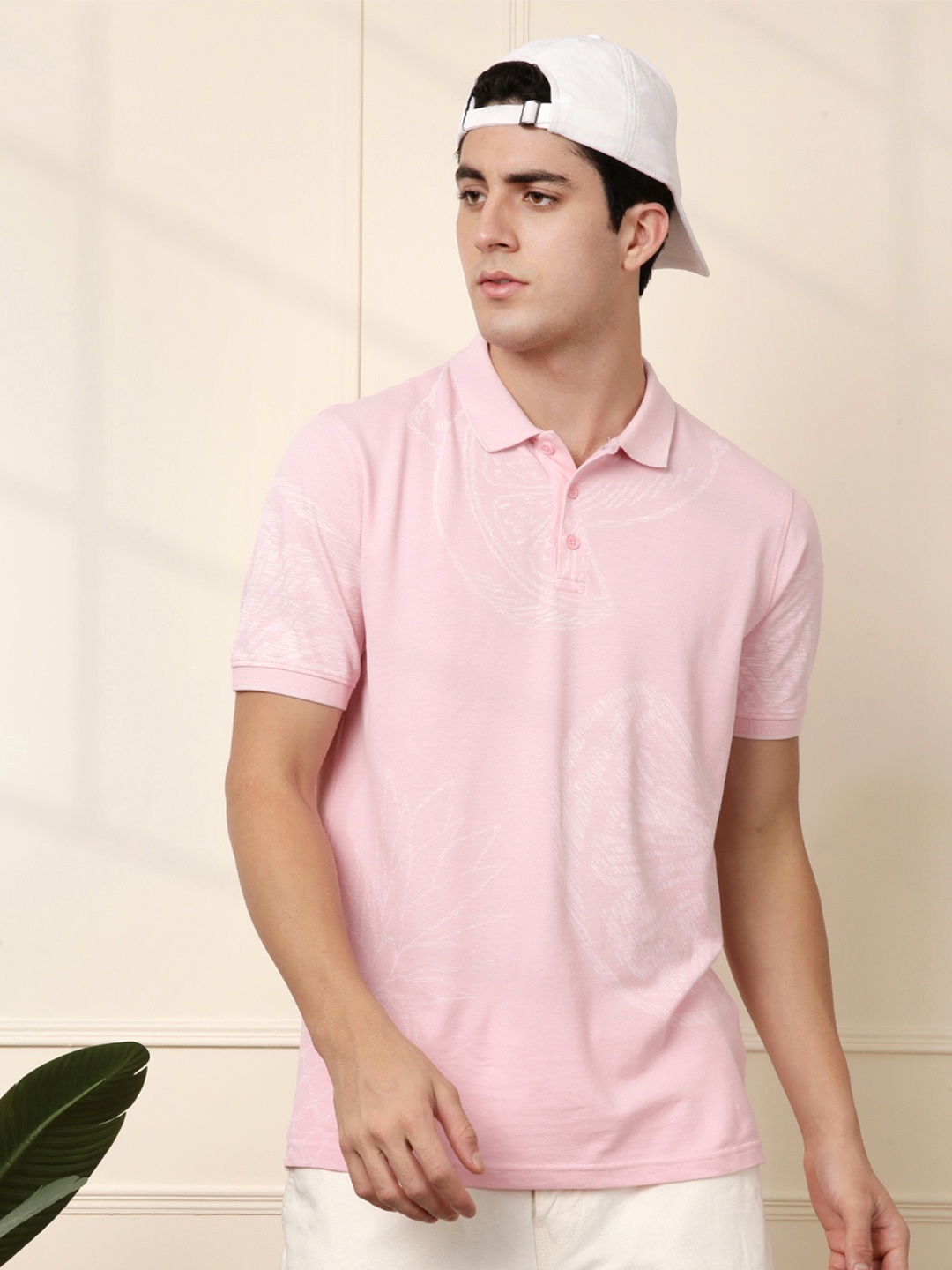 

WROGN Graphic Printed Polo Collar Pure Cotton T-shirt, Pink