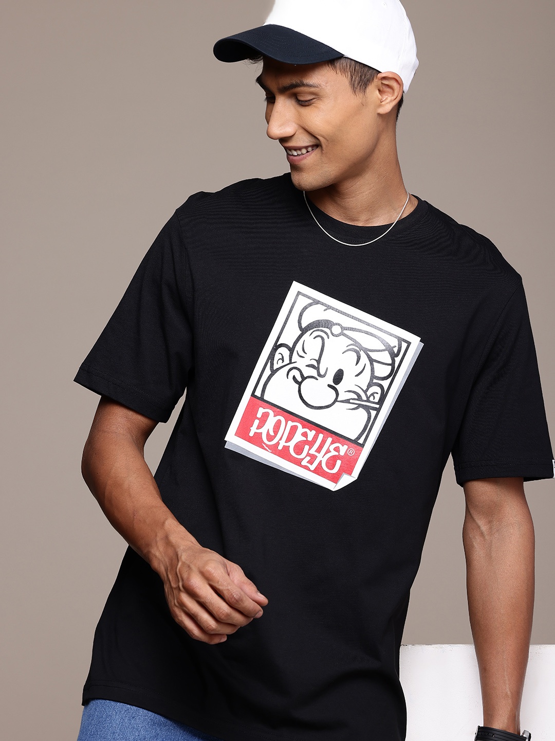 

WROGN Popeye Printed Comfort Fit Pure Cotton T-shirt, Black