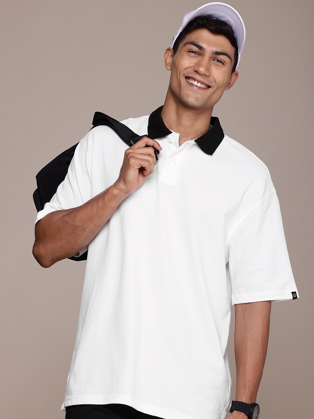 

WROGN Polo Collar Pure Cotton Drop Shoulder Oversized T-shirt, White