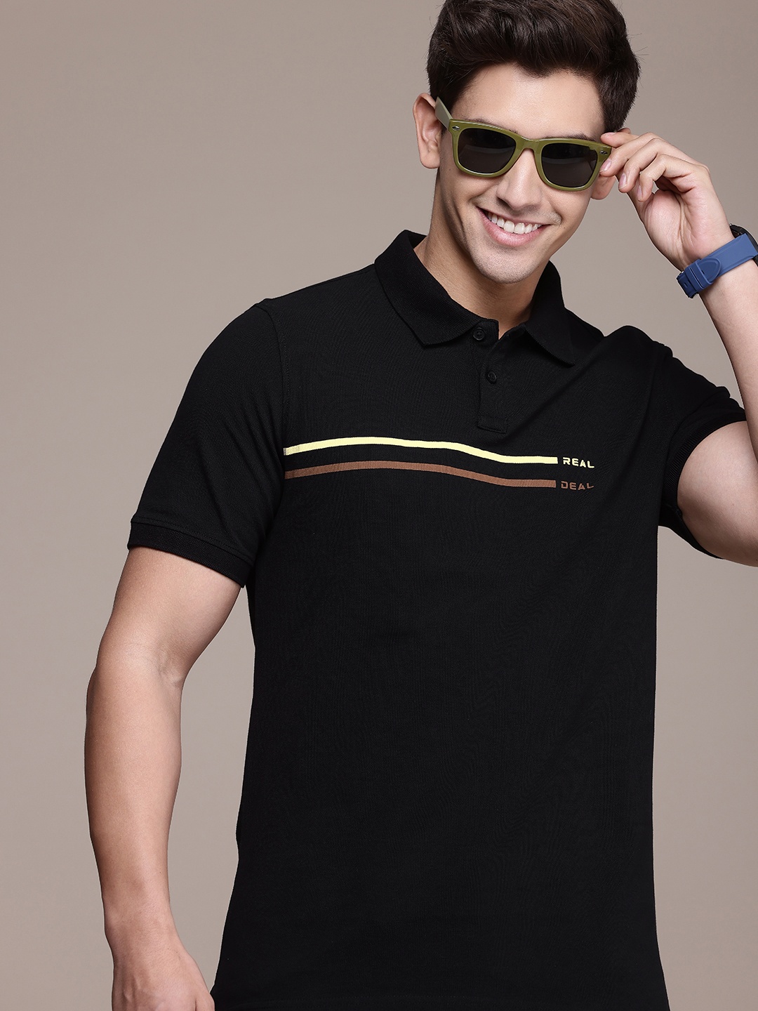 

WROGN Striped Polo Collar Pure Cotton T-shirt, Black