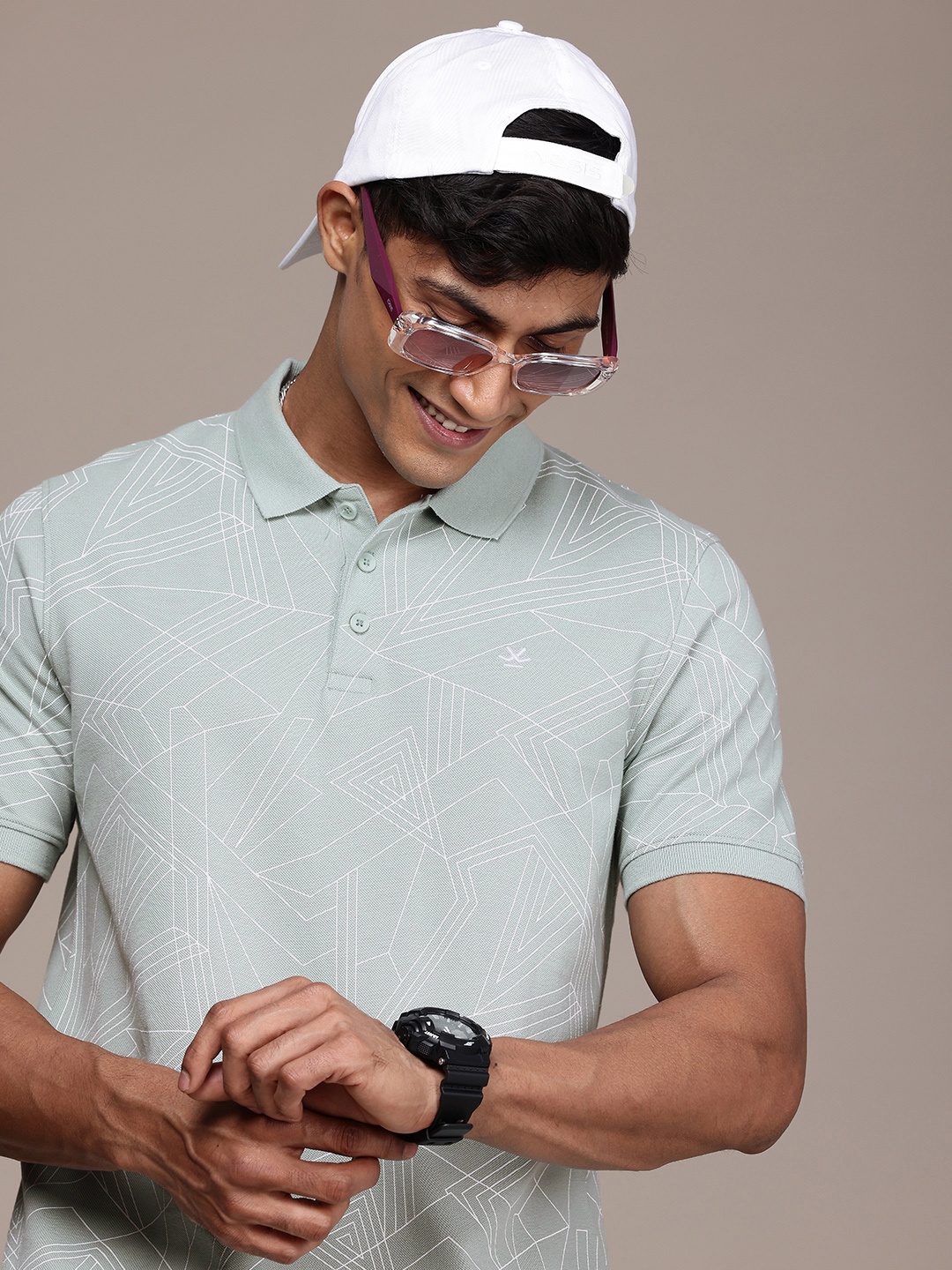 

WROGN Geometric Printed Polo Collar Pure Cotton T-shirt, Green