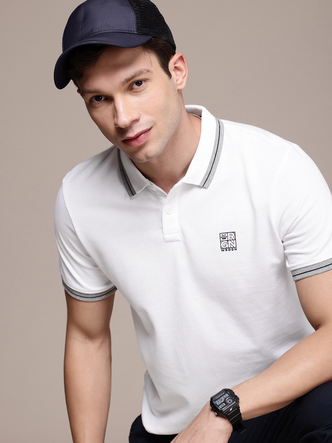 

WROGN Self Design Polo Collar T-shirt, White