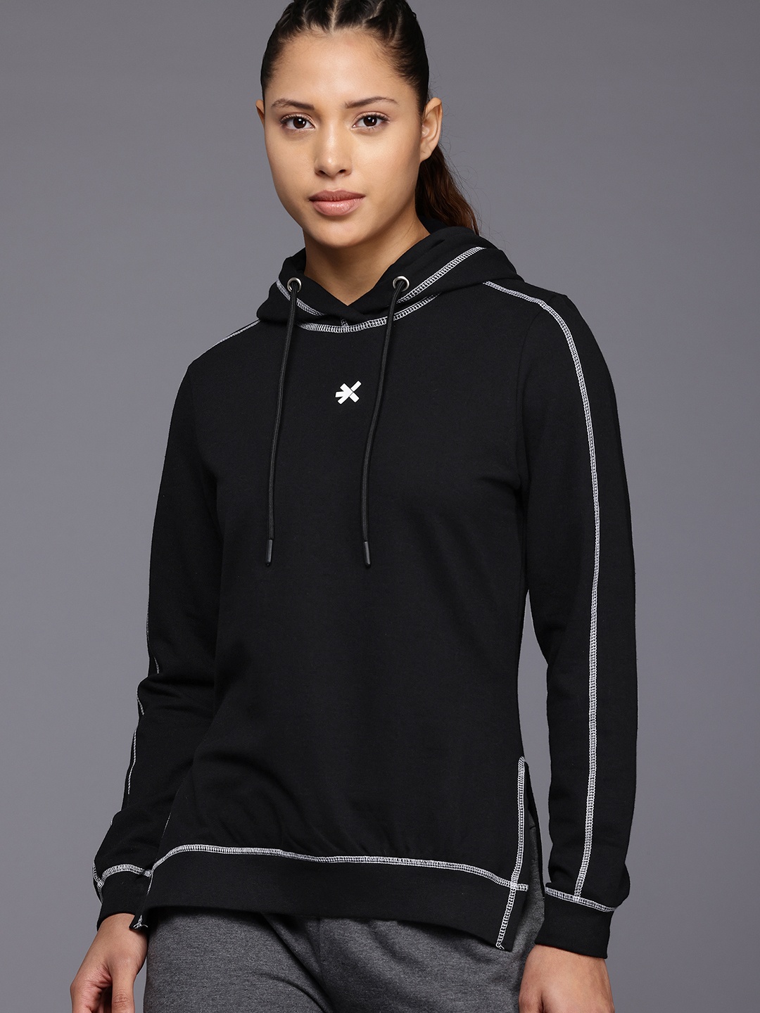 

HRX by Hrithik Roshan Contrast Stitch Hooded Training Sweatshirt, Black