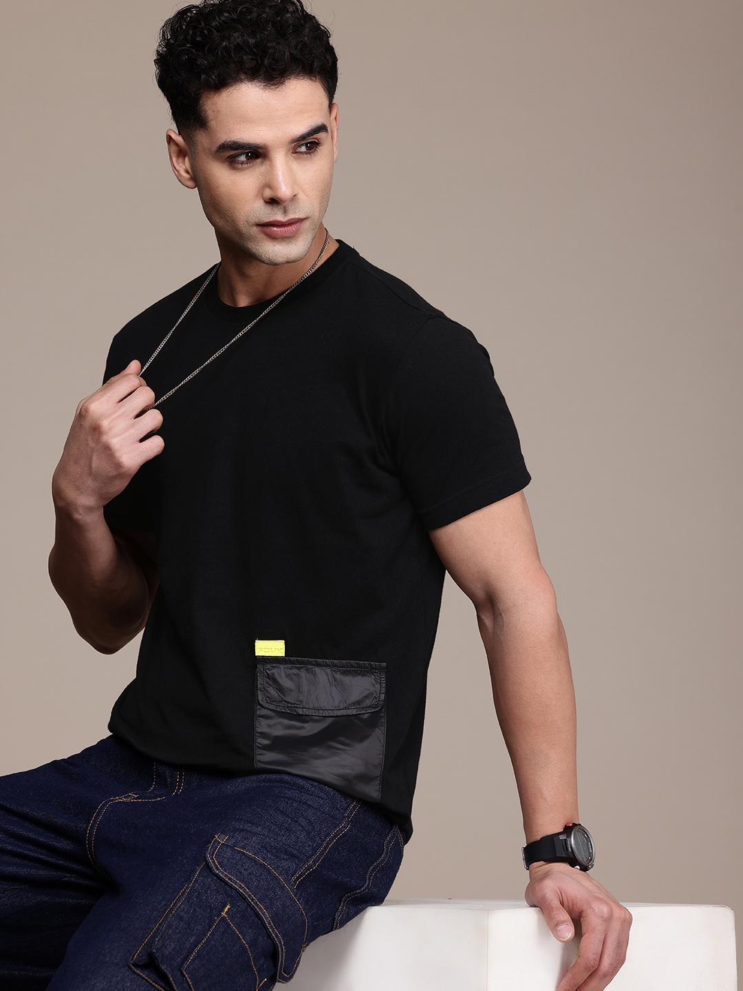 

FCUK Pure Cotton Drop-Shoulder Sleeves Pockets T-shirt, Black