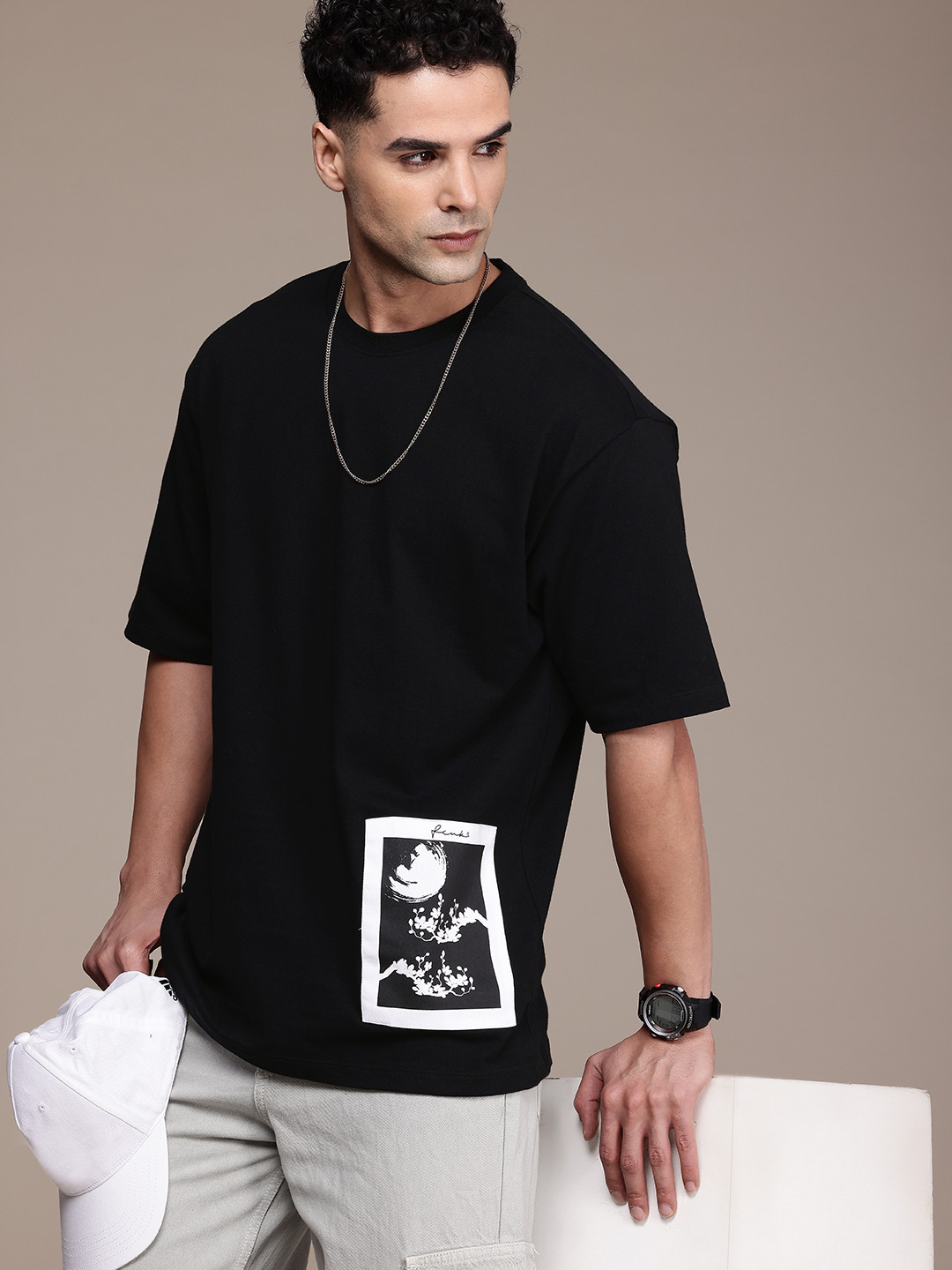 

FCUK Pure Cotton Drop-Shoulder Sleeves Applique Detailed T-shirt, Black