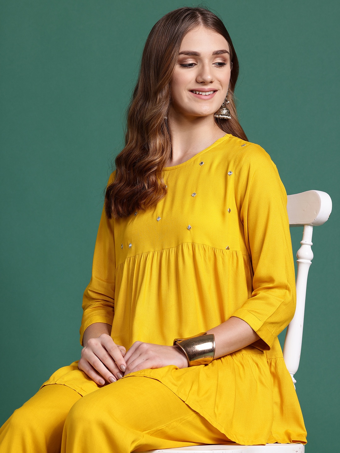 

Sangria Women Empire Mirror Work Kurti with Palazzos, Mustard