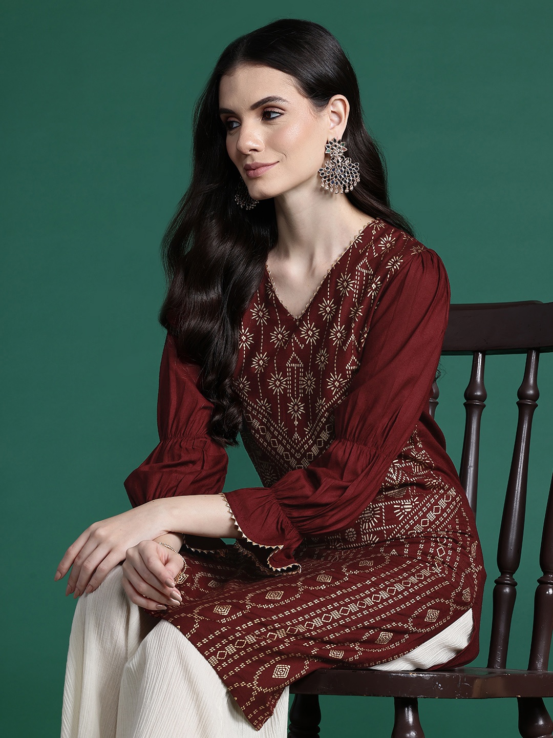 

Sangria Foil Print Gotta Patti Kurta, Brown