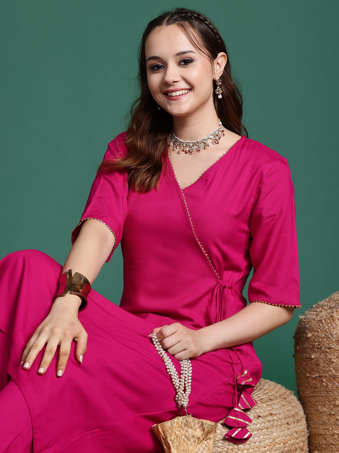 

Sangria Gotta Patti Detail Angrakha Kurta with Trousers, Fuchsia