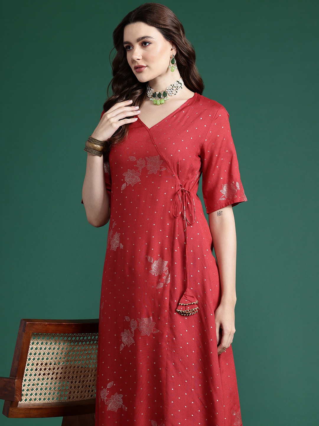 

Sangria Ethnic Motifs Foil Printed Angrakha Kurta with Trousers, Red