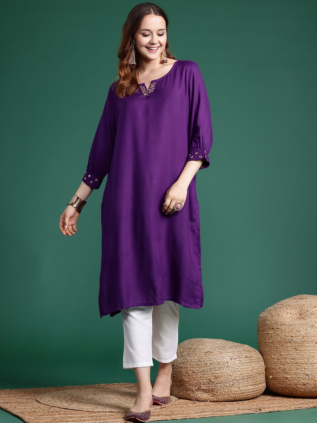 

Sangria Mirror Work Straight Kurta, Purple