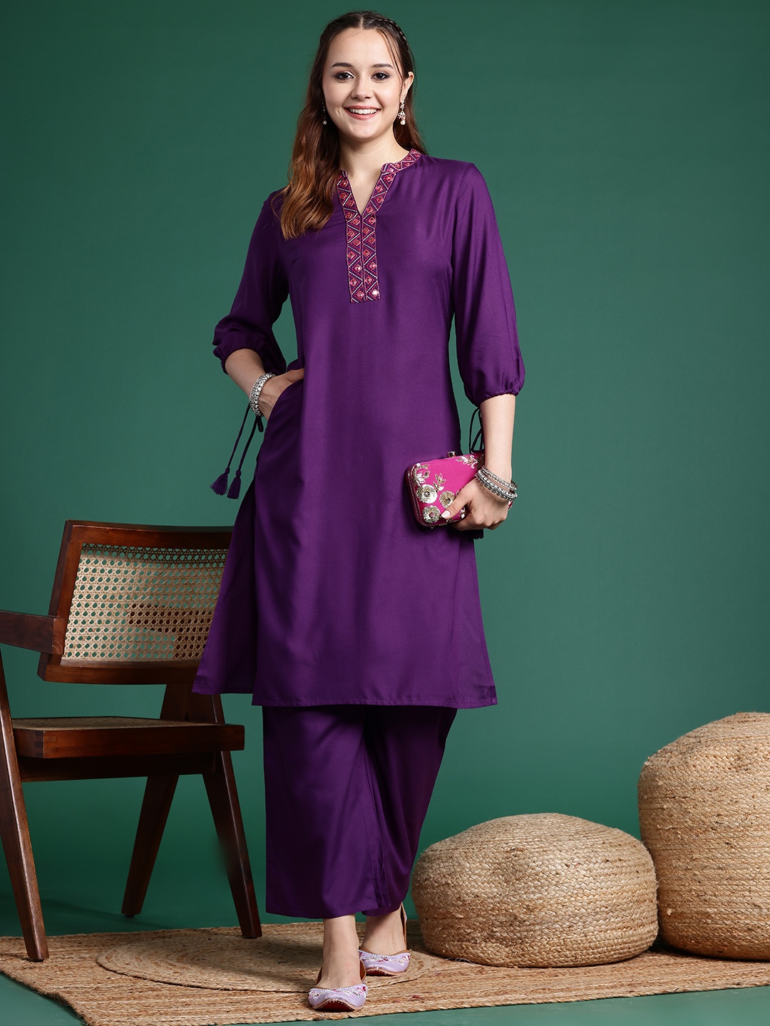 

Sangria Mirror Work Kurta with Palazzos, Purple