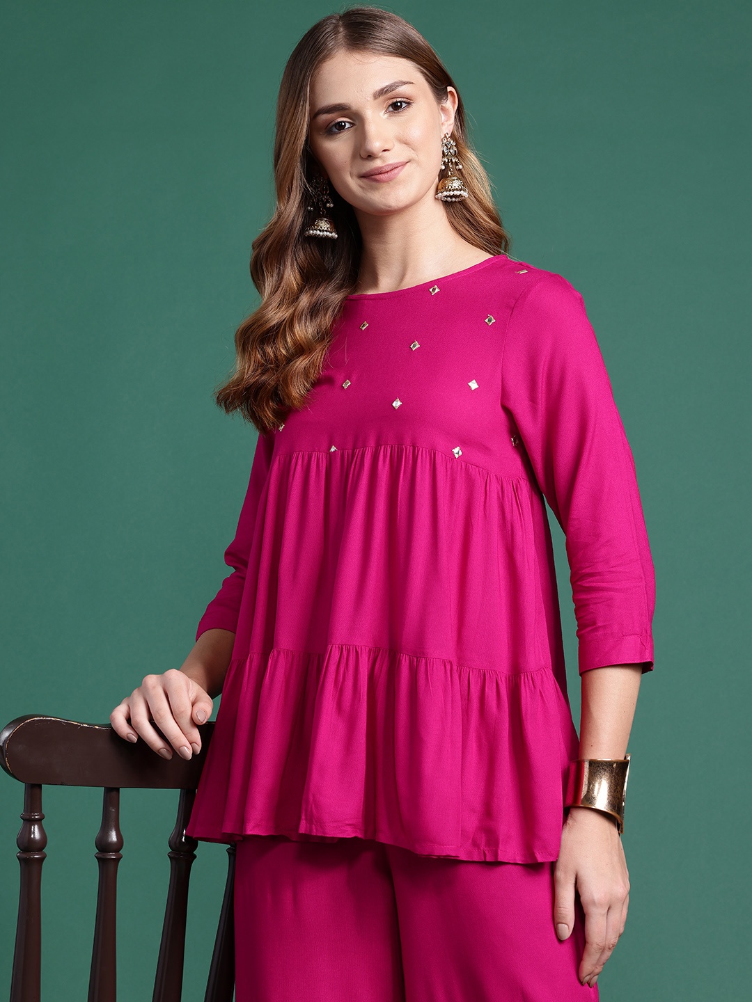 

Sangria Women Empire Mirror Work Kurti with Palazzos, Fuchsia